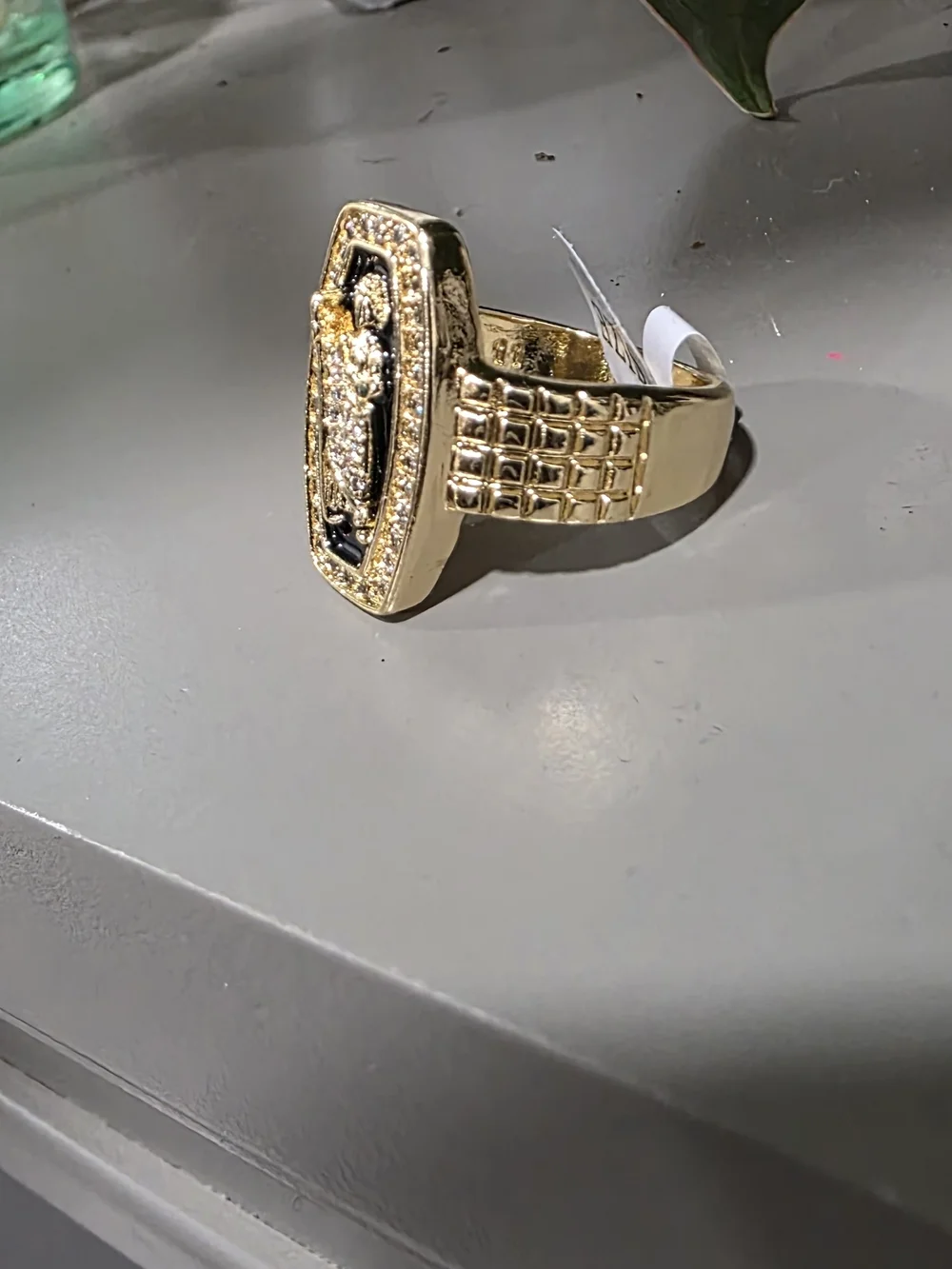 14k Gold-Plated Black Enamel Saint Medallion Ring with Clear Stones